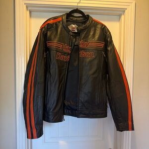 Harley-Davidson Men's Black Leather Jacket with Orange Stripes
